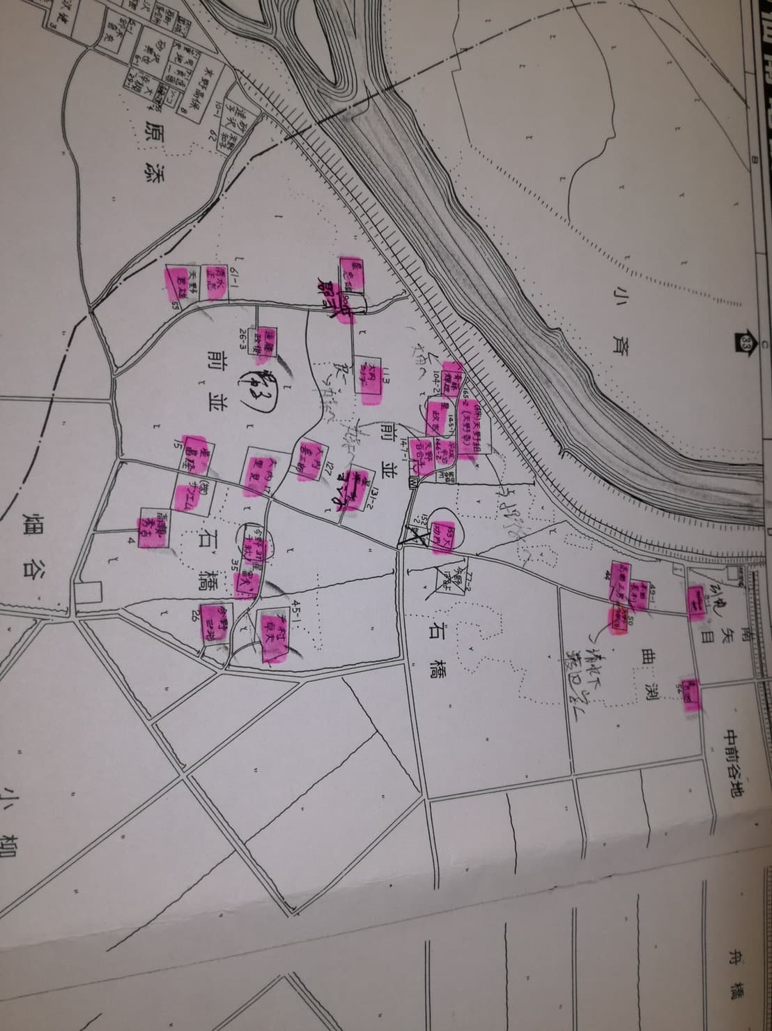 中原地区の被害住宅の地図